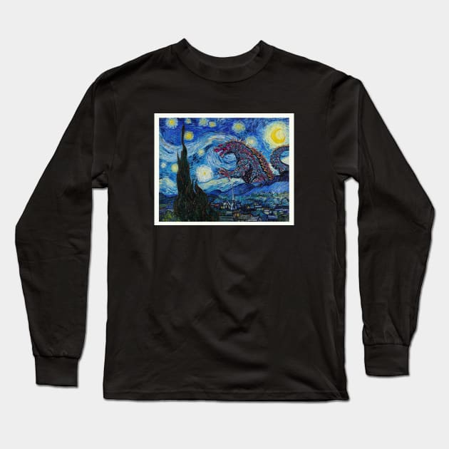 Godzilla in a Starry Night Van Gogh Masterpiece Long Sleeve T-Shirt by Teessential